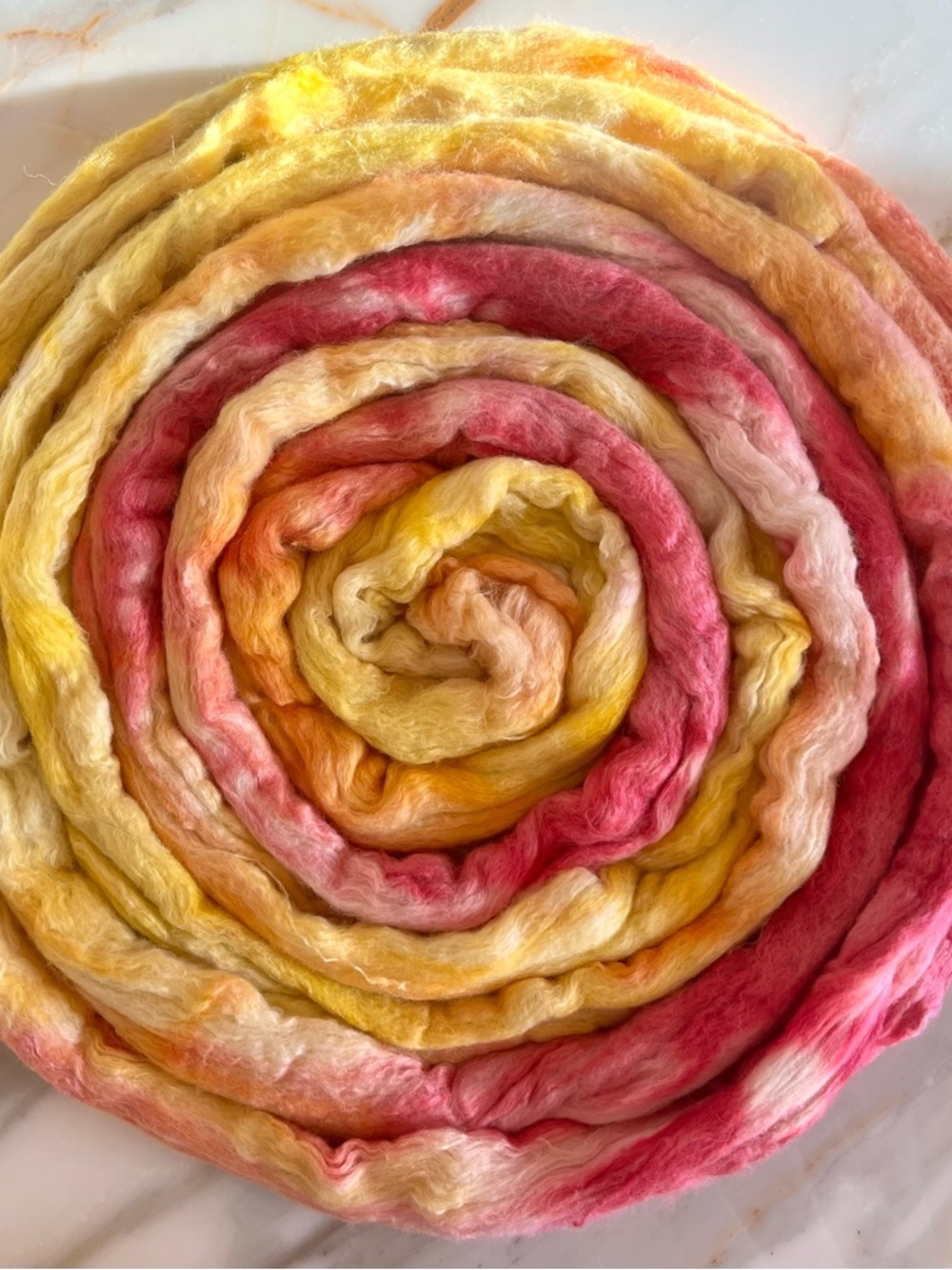 Hand Dyed Merino Wool Silk Roving in Zinnia